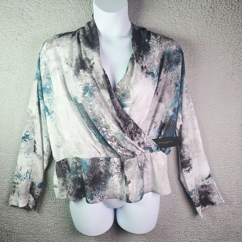 Donna Karan New York Peplum Blouse XL Turquoise Abstract Print Surplice